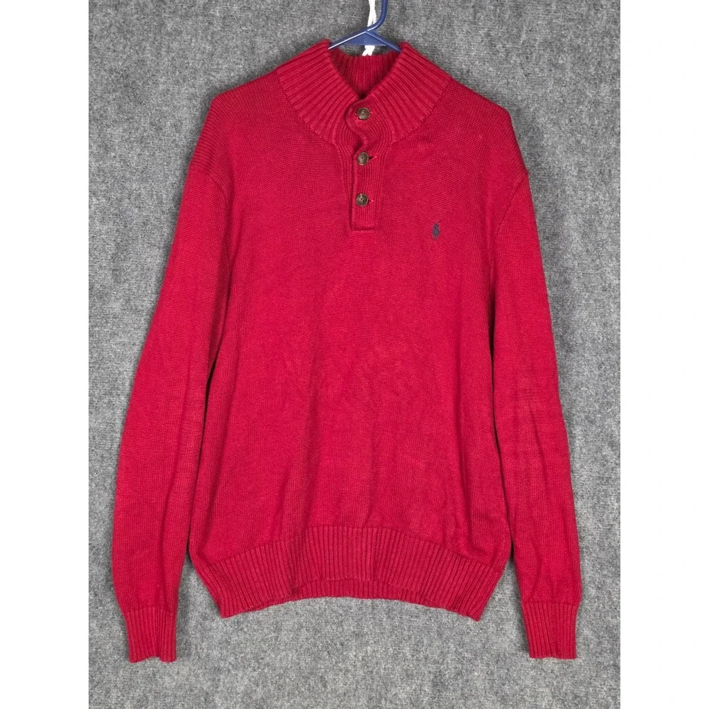 Polo Ralph Lauren Men's Red‎ Cotton Button Mock Neck Knit Sweater Pullover Sz L